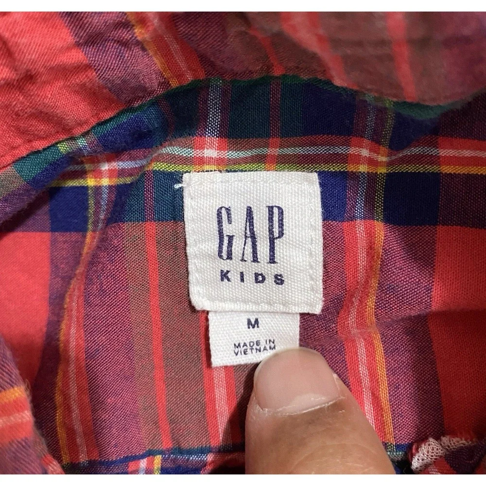 Gap Kids Boys Red Plaid Poplin Button Down Long Sleeve Shirt Size M 8-9